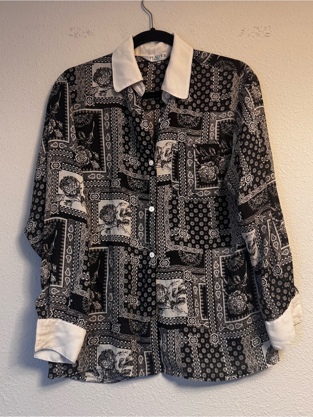 Vintage Black & White Patchwork Print Button-Up Blouse